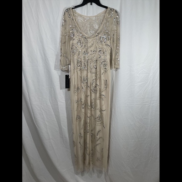 NWT‎ $495 Aidan Mattox 3/4 Sleeve Beaded Column Gown in Champagne [SZ 6 ] - Picture 11 of 16